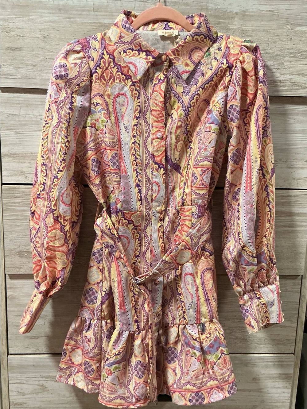 Paisley Tie-Waist Mini Dress in Peach-Pink